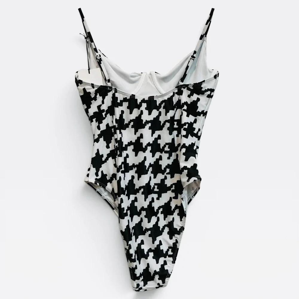 Onia Womens Black White Houndstooth Underwire One Piece Swimsuit Size Large NWT